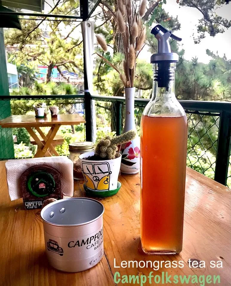 Refreshments on a wooden table by the Campfolkswagen view deck